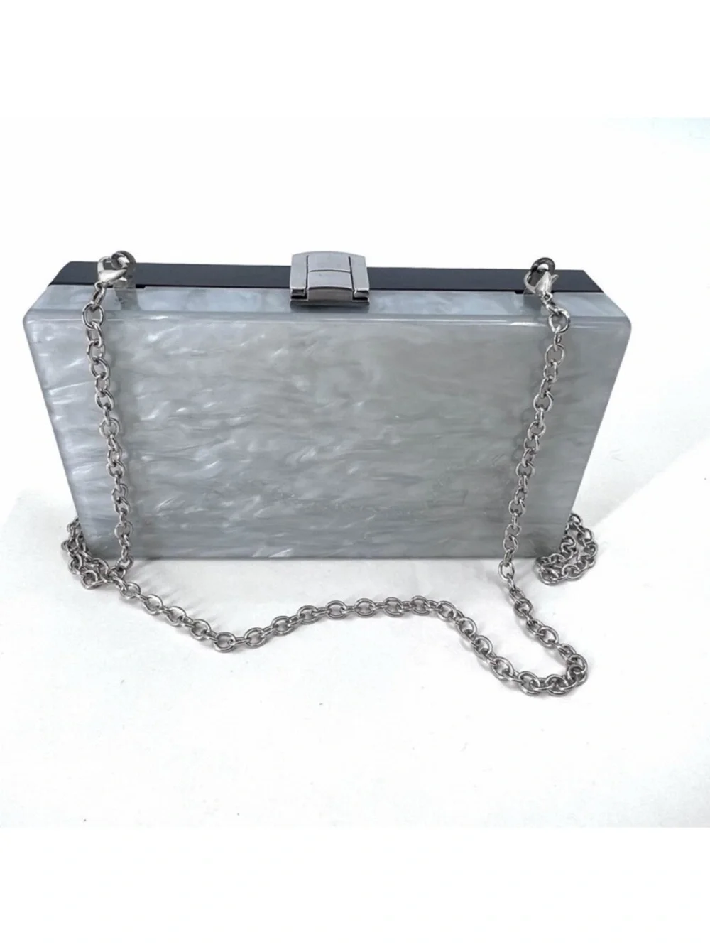 Kate Landry Silver & Black Pearly Lucite Box Clutch Cross Body Evening Handbag